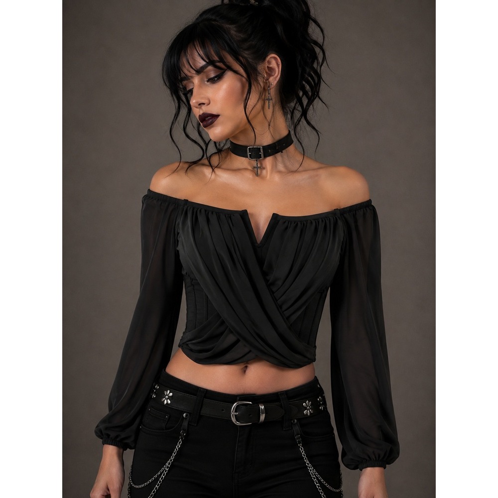 Windsor Black Corset Crop Top Medium Goth Indie Sleaze Off Shoulder Sheer Sleeve